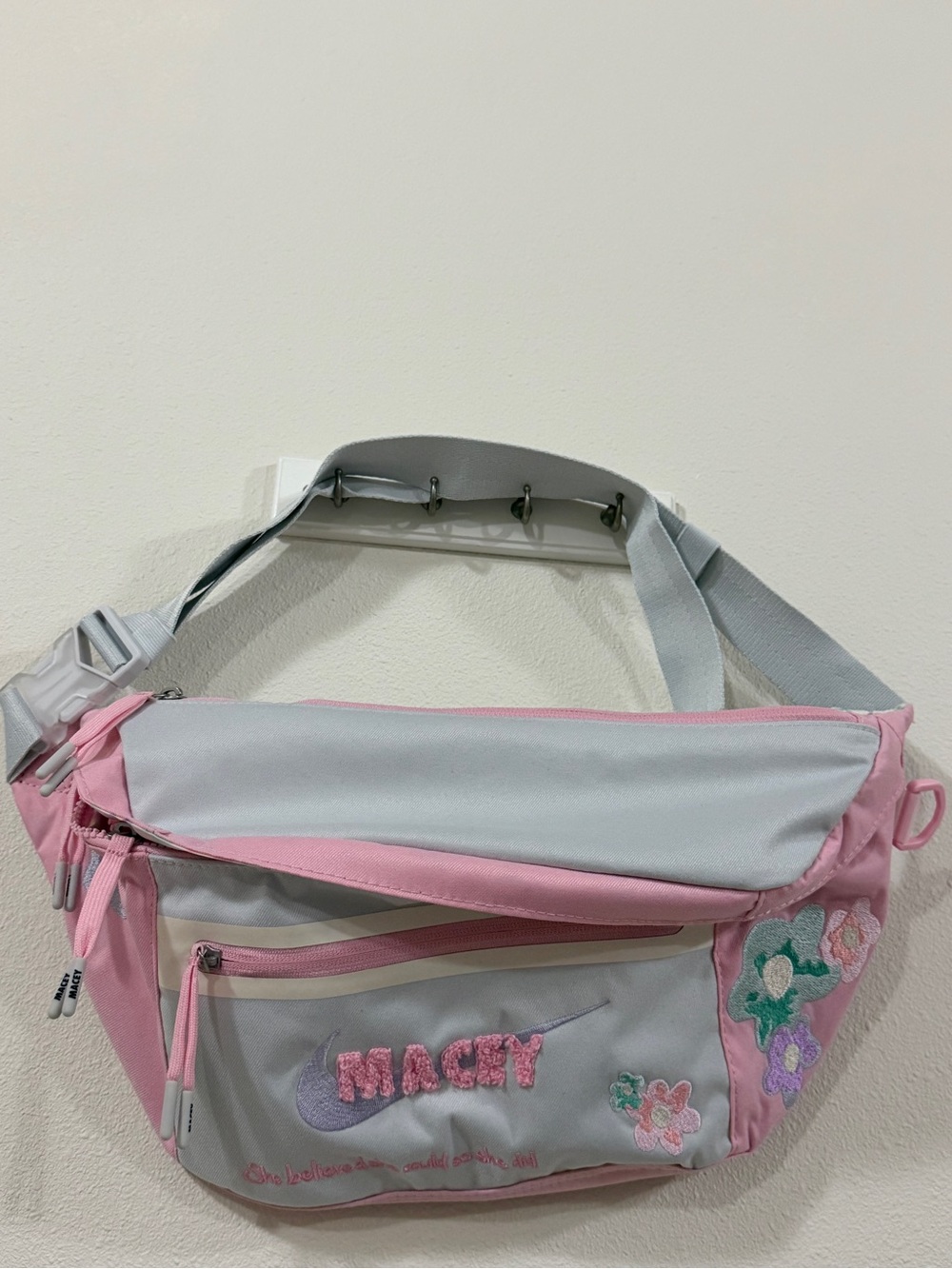Nike Pink and Gray Embroidered Crossbody Belt Bag